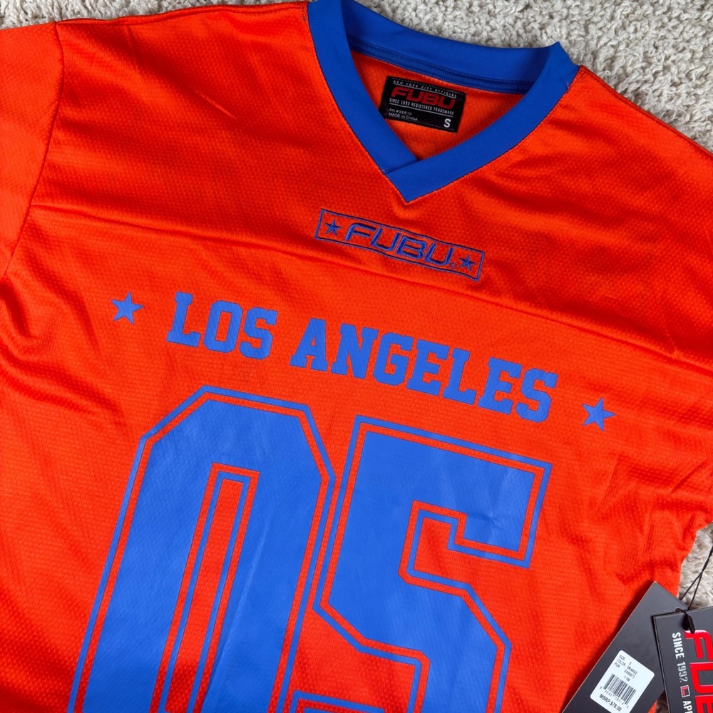 FUBU Football Jersey Mens S Orange Los‎ Angeles 05 Mesh V-Neck